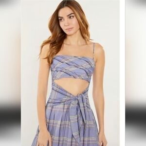 CINQ A SEPT LOUISE  PURPLE PLAID CUT OUT  BOW DETAIL MIDI DRESS